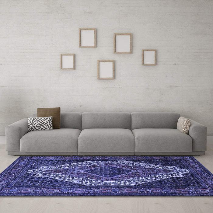 Machine Washable Medallion Blue Traditional Rug in a Living Room, wshtr2436blu