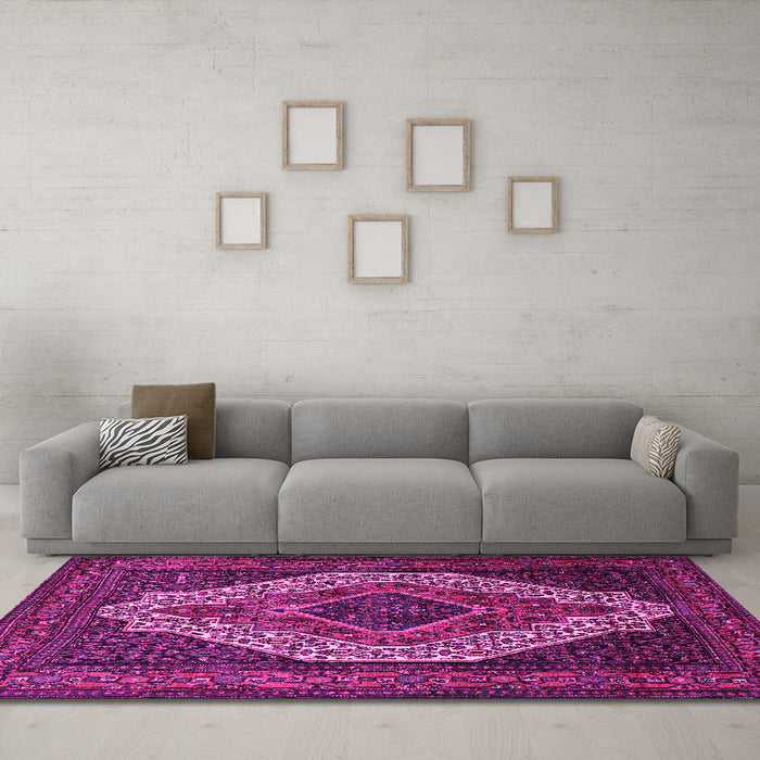 Machine Washable Medallion Pink Traditional Rug in a Living Room, wshtr2436pnk
