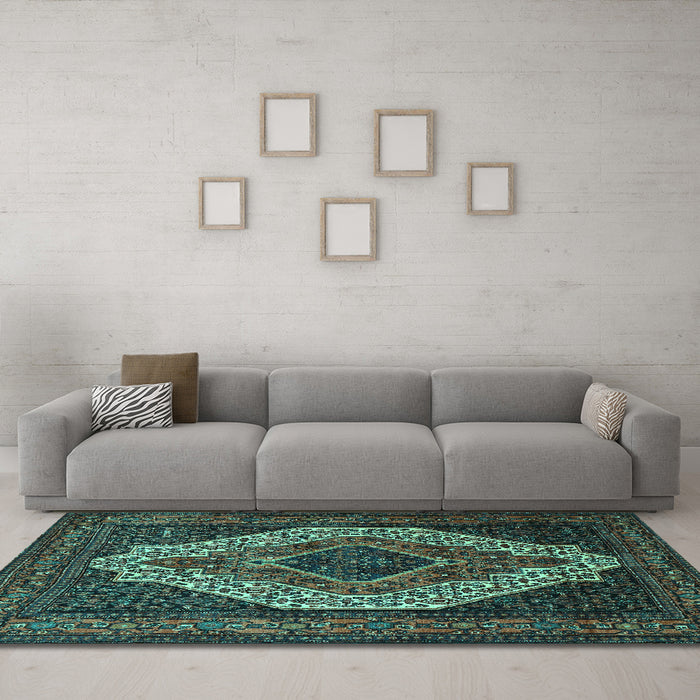 Machine Washable Medallion Turquoise Traditional Area Rugs in a Living Room,, wshtr2436turq