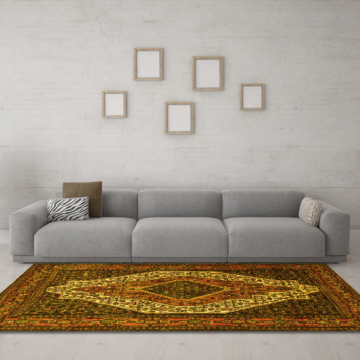 Machine Washable Medallion Yellow Traditional Rug in a Living Room, wshtr2436yw