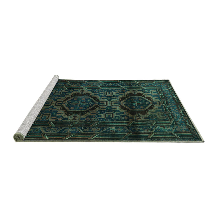 Sideview of Machine Washable Persian Turquoise Traditional Area Rugs, wshtr2439turq