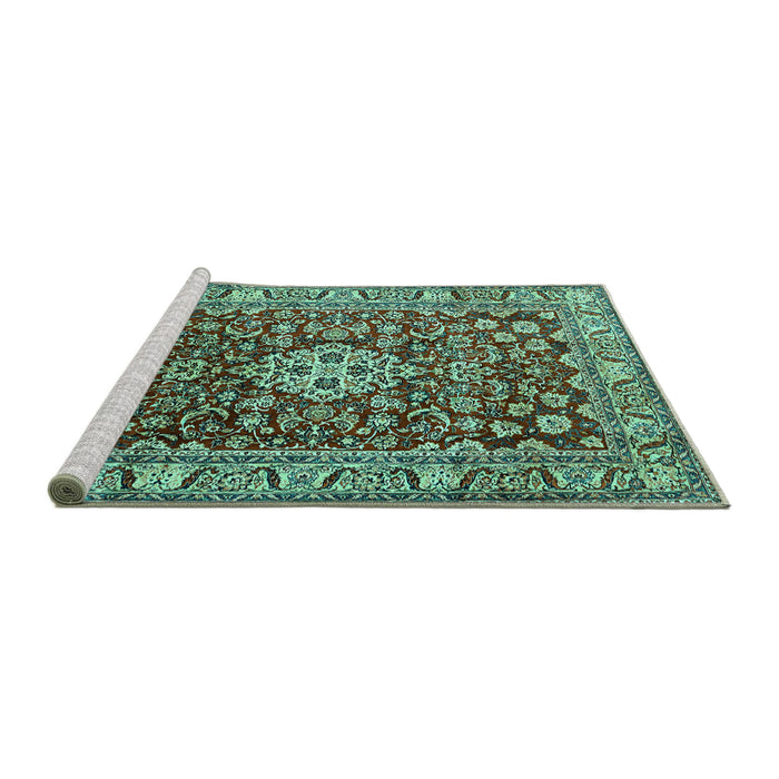 Sideview of Machine Washable Persian Turquoise Traditional Area Rugs, wshtr243turq