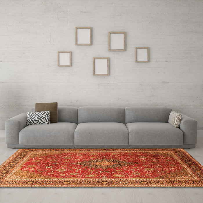 Machine Washable Medallion Orange Traditional Area Rugs in a Living Room, wshtr244org