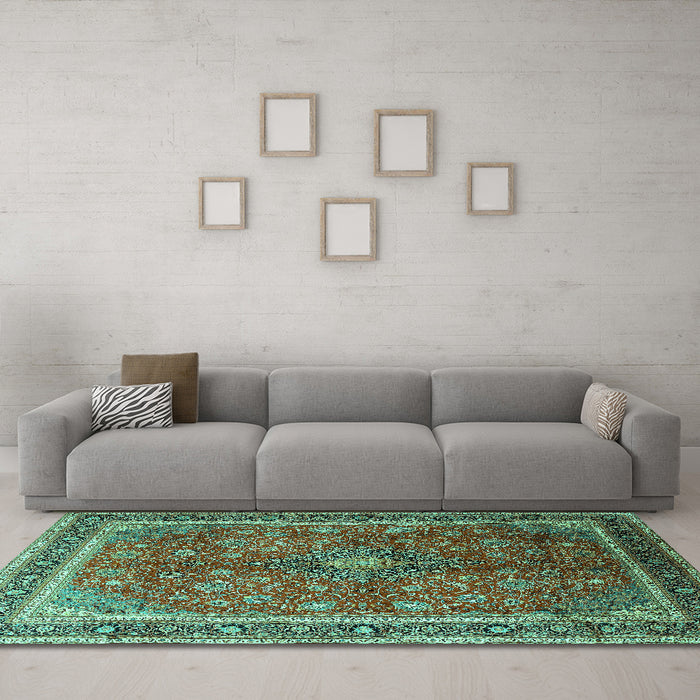 Machine Washable Medallion Turquoise Traditional Area Rugs in a Living Room,, wshtr244turq