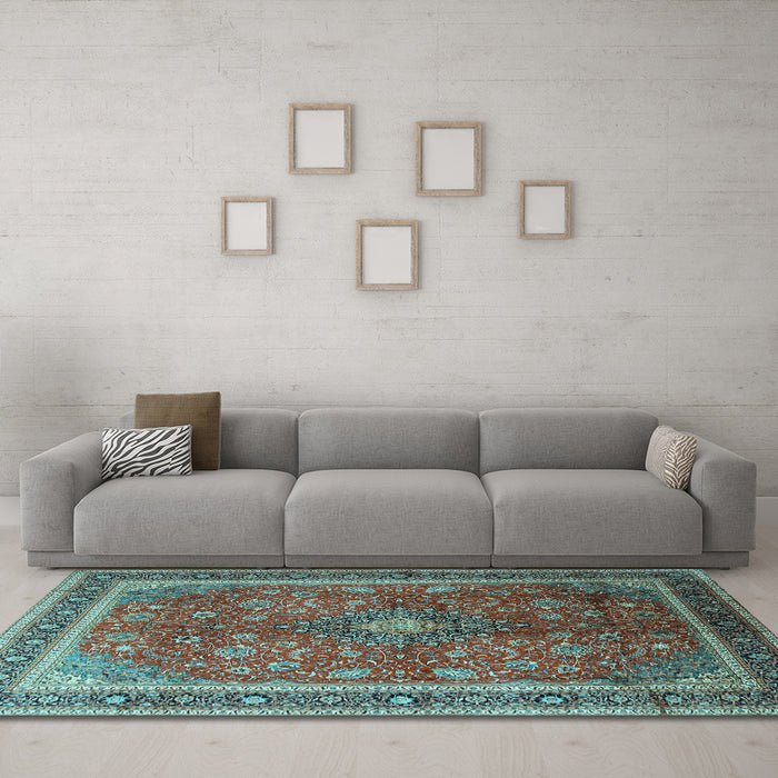 Machine Washable Medallion Light Blue Traditional Rug in a Living Room, wshtr244lblu