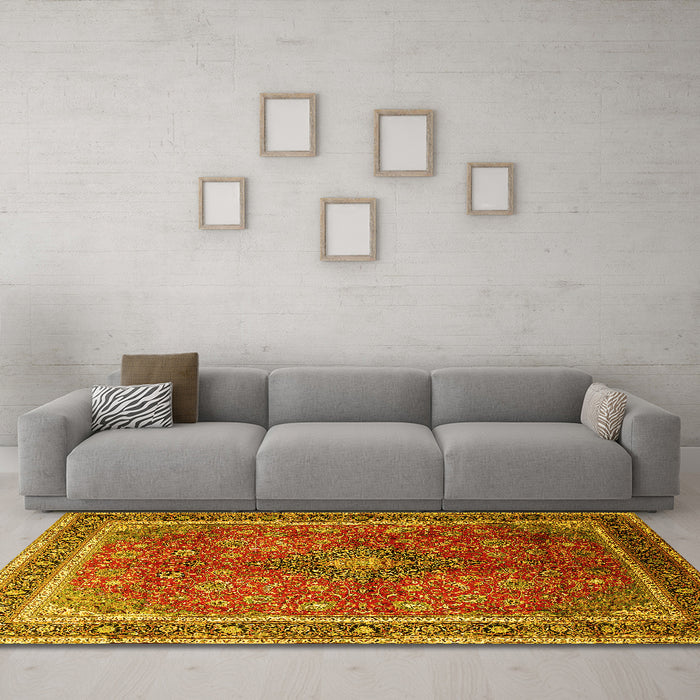 Machine Washable Medallion Yellow Traditional Rug in a Living Room, wshtr244yw