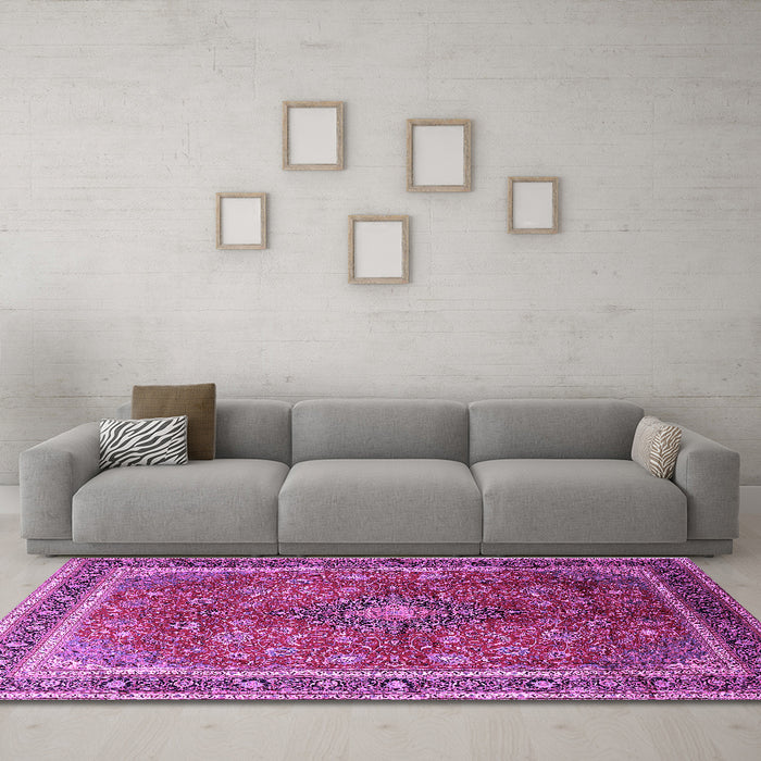 Machine Washable Medallion Purple Traditional Area Rugs in a Living Room, wshtr244pur