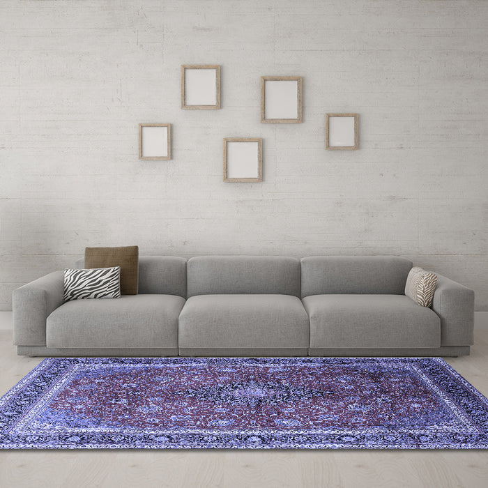 Machine Washable Medallion Blue Traditional Rug in a Living Room, wshtr244blu