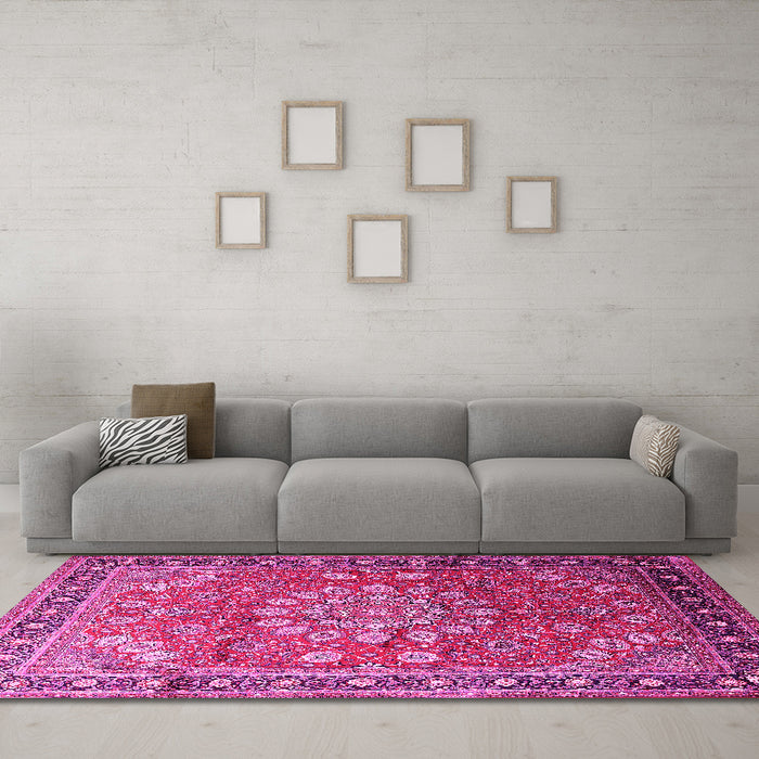 Machine Washable Medallion Pink Traditional Rug in a Living Room, wshtr245pnk