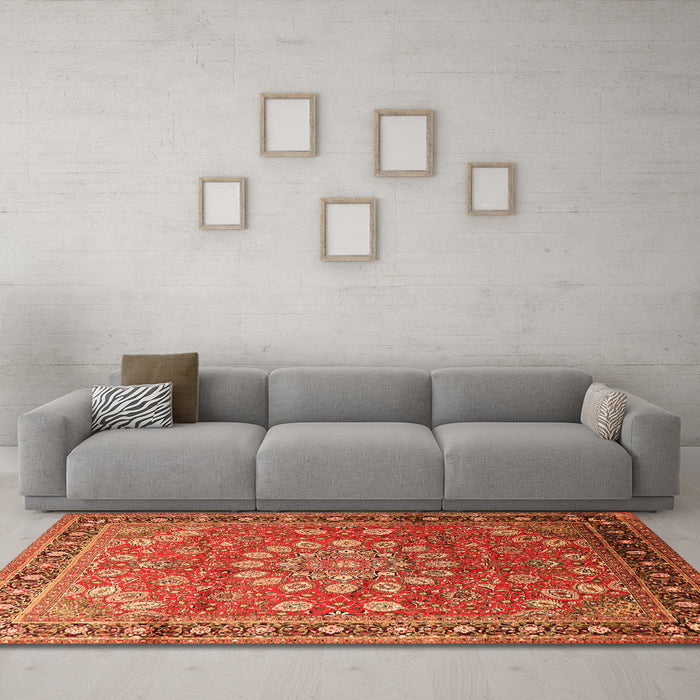 Machine Washable Medallion Orange Traditional Area Rugs in a Living Room, wshtr245org