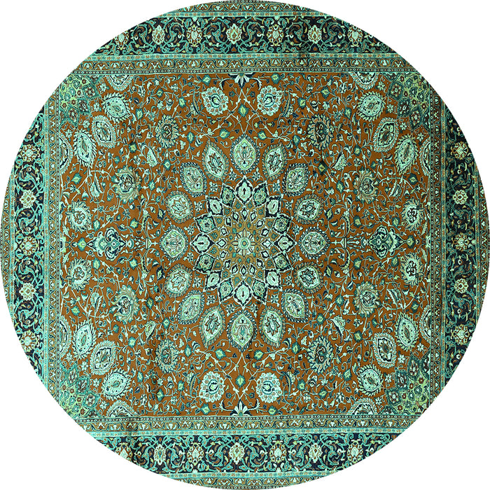 Round Machine Washable Medallion Turquoise Traditional Area Rugs, wshtr245turq
