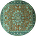 Round Machine Washable Medallion Turquoise Traditional Area Rugs, wshtr245turq