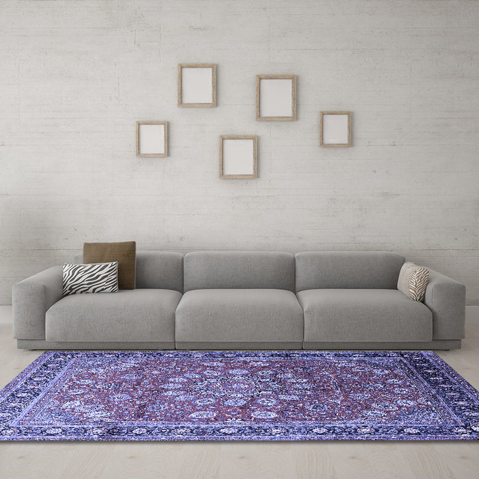 Machine Washable Medallion Blue Traditional Rug in a Living Room, wshtr245blu