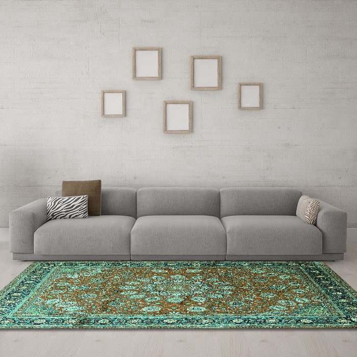 Machine Washable Medallion Turquoise Traditional Area Rugs in a Living Room,, wshtr245turq