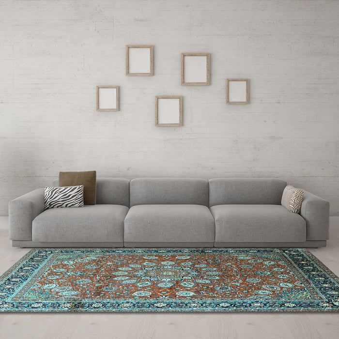 Machine Washable Medallion Light Blue Traditional Rug in a Living Room, wshtr245lblu
