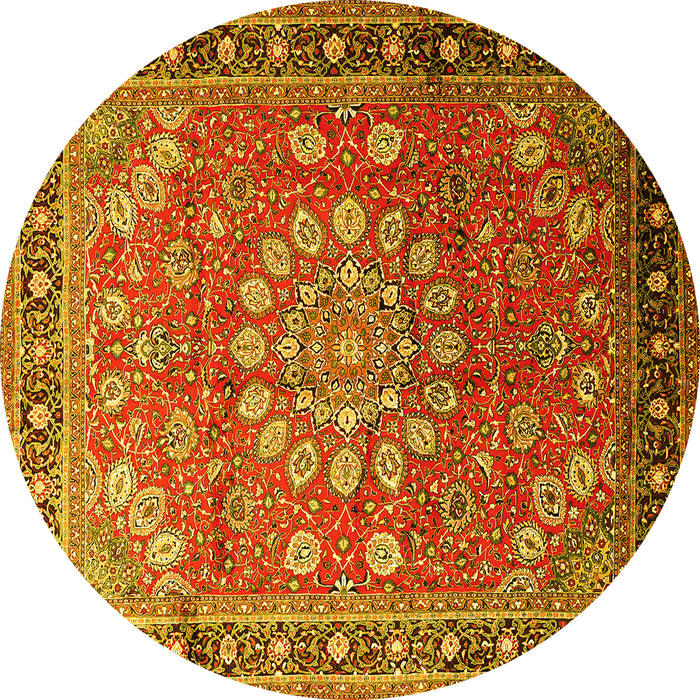 Round Machine Washable Medallion Yellow Traditional Rug, wshtr245yw
