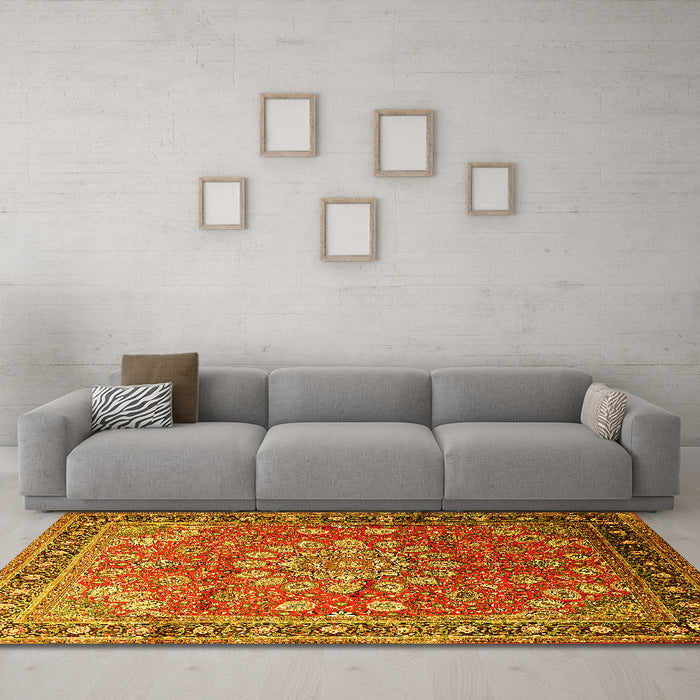 Machine Washable Medallion Yellow Traditional Rug in a Living Room, wshtr245yw