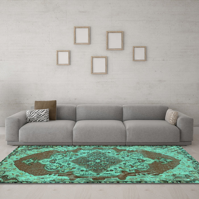 Machine Washable Persian Turquoise Traditional Area Rugs in a Living Room,, wshtr2465turq
