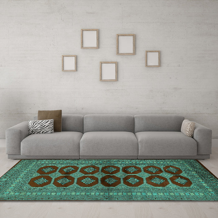 Machine Washable Persian Turquoise Traditional Area Rugs in a Living Room,, wshtr2473turq