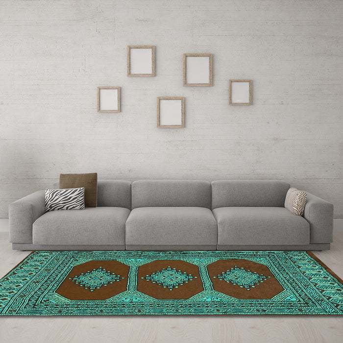 Machine Washable Persian Turquoise Traditional Area Rugs in a Living Room,, wshtr2474turq