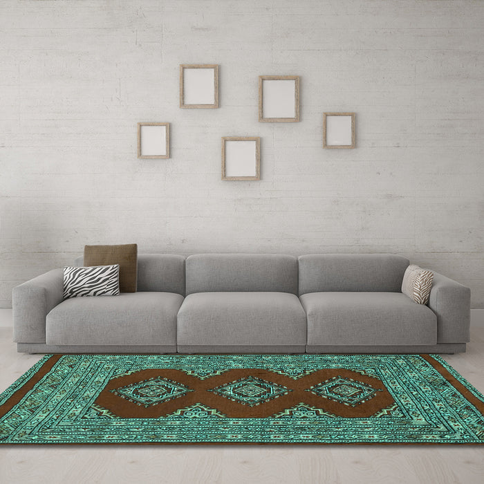 Machine Washable Persian Turquoise Traditional Area Rugs in a Living Room,, wshtr2475turq
