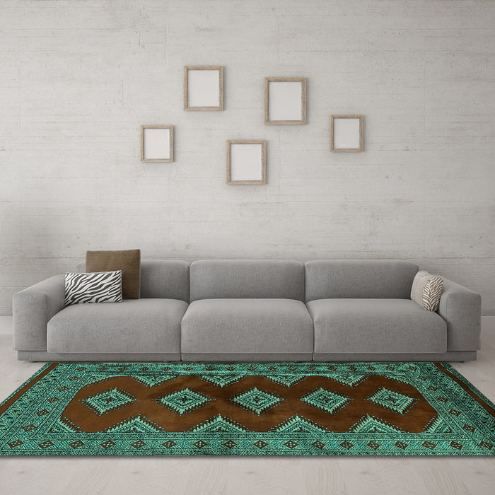 Machine Washable Southwestern Turquoise Country Area Rugs in a Living Room,, wshtr2477turq