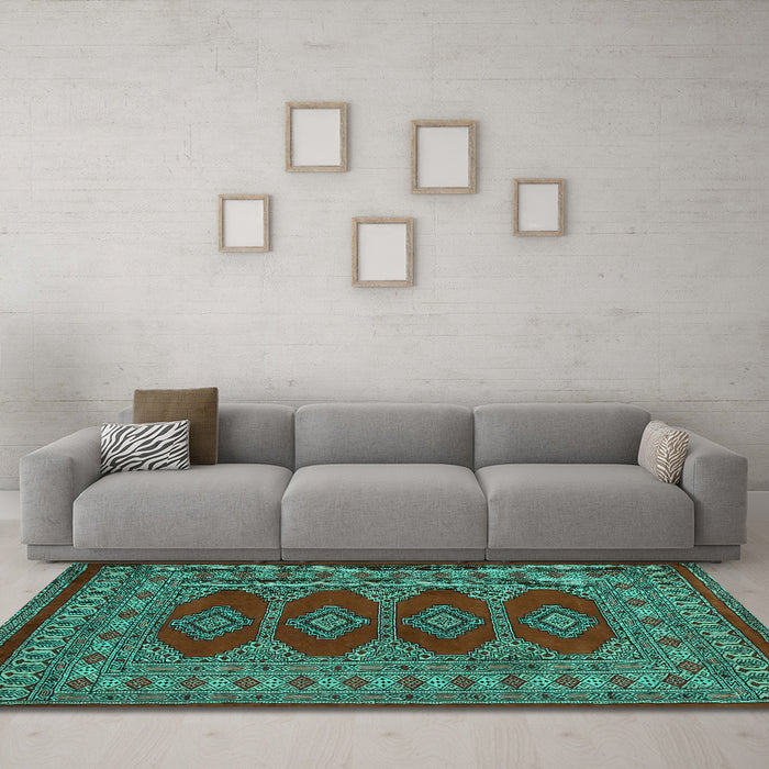 Machine Washable Southwestern Turquoise Country Area Rugs in a Living Room,, wshtr2478turq