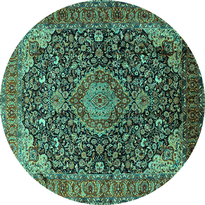 Round Machine Washable Medallion Turquoise Traditional Area Rugs, wshtr247turq