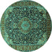 Round Machine Washable Medallion Turquoise Traditional Area Rugs, wshtr247turq