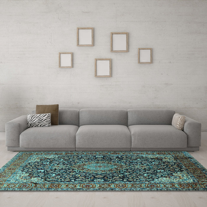 Machine Washable Medallion Light Blue Traditional Rug in a Living Room, wshtr247lblu