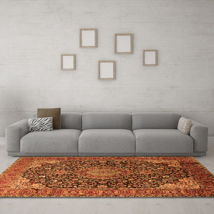Machine Washable Medallion Orange Traditional Area Rugs in a Living Room, wshtr247org
