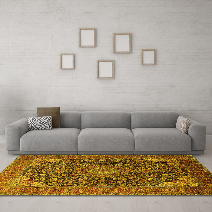 Machine Washable Medallion Yellow Traditional Rug in a Living Room, wshtr247yw