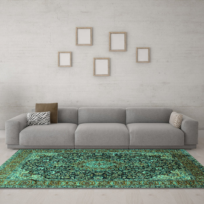 Machine Washable Medallion Turquoise Traditional Area Rugs in a Living Room,, wshtr247turq