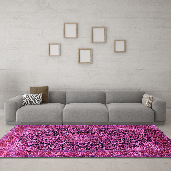 Machine Washable Medallion Pink Traditional Rug in a Living Room, wshtr247pnk