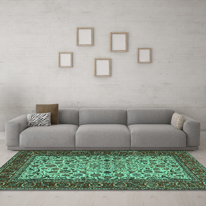 Machine Washable Persian Turquoise Traditional Area Rugs in a Living Room,, wshtr2483turq