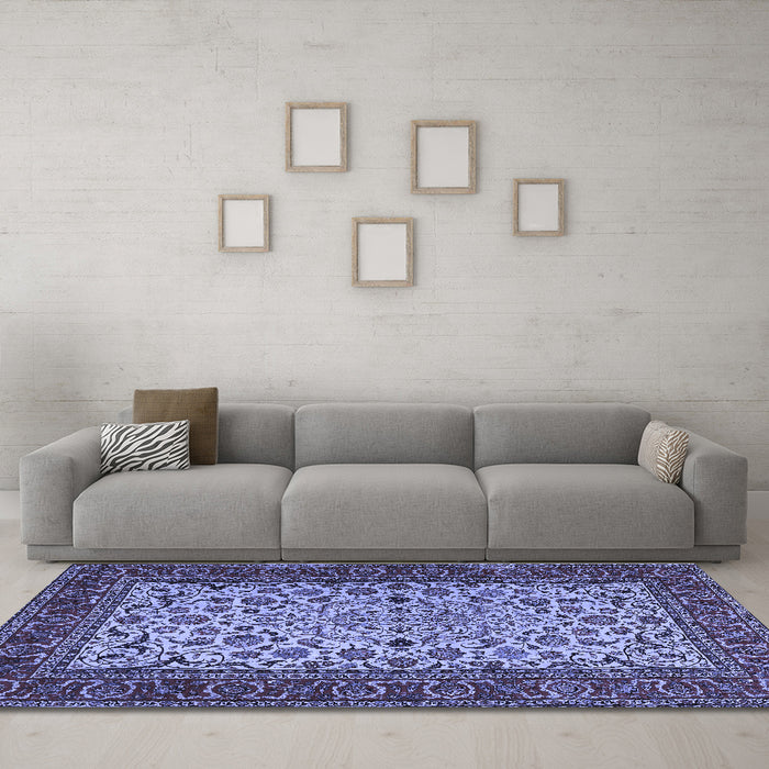 Machine Washable Persian Blue Traditional Rug in a Living Room, wshtr2483blu