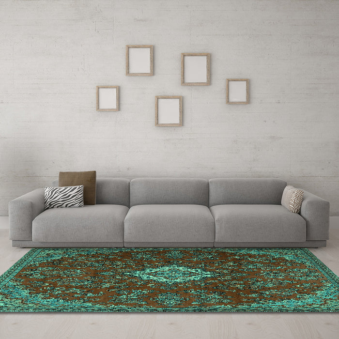 Machine Washable Persian Turquoise Traditional Area Rugs in a Living Room,, wshtr2484turq