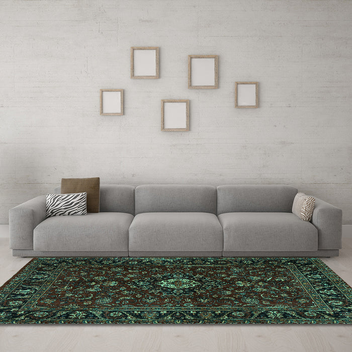 Machine Washable Persian Turquoise Traditional Area Rugs in a Living Room,, wshtr2487turq