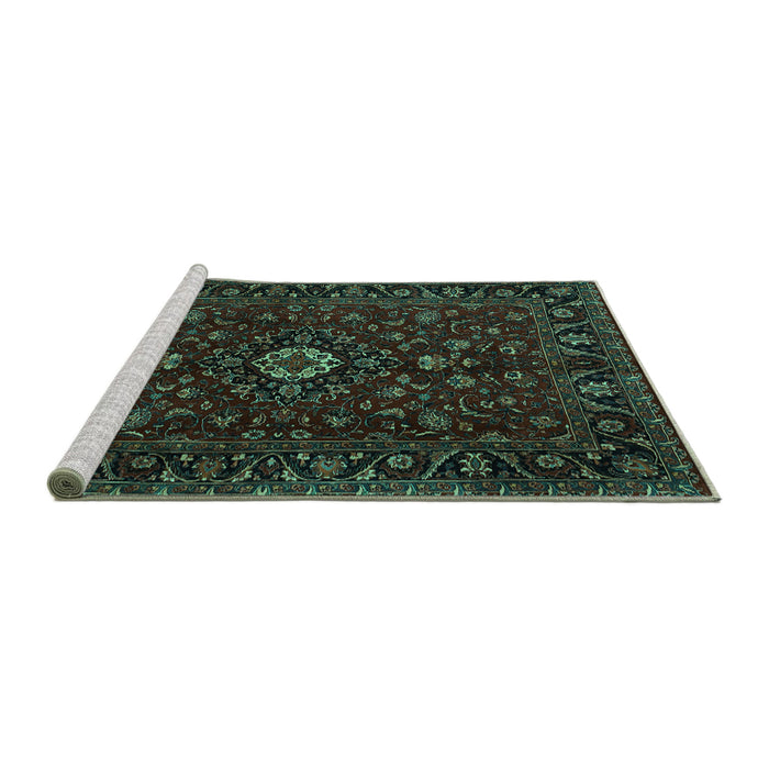 Sideview of Machine Washable Persian Turquoise Traditional Area Rugs, wshtr2487turq