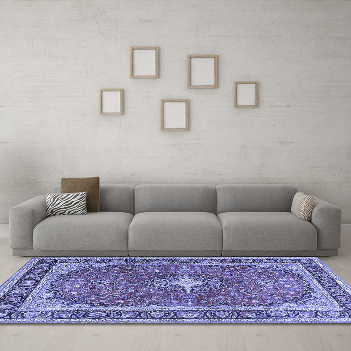 Machine Washable Medallion Blue Traditional Rug in a Living Room, wshtr2488blu