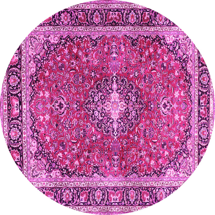 Round Machine Washable Medallion Pink Traditional Rug, wshtr2488pnk