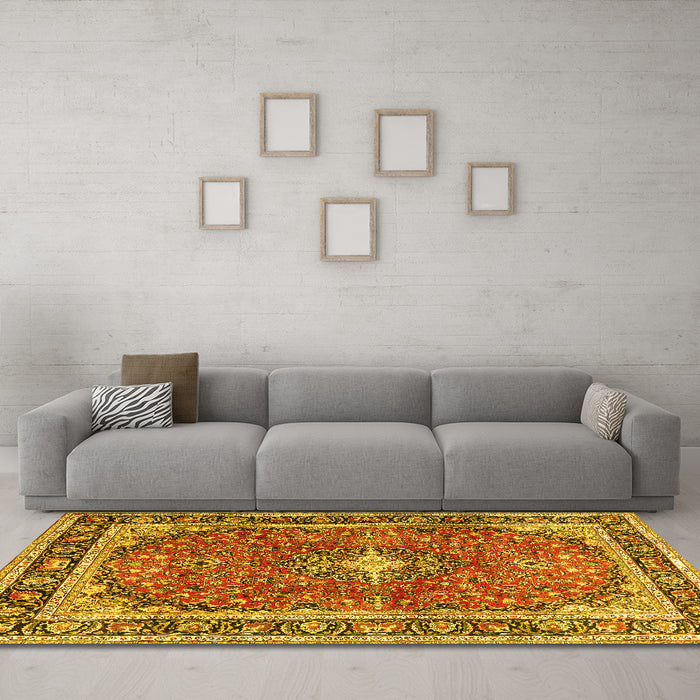 Machine Washable Medallion Yellow Traditional Rug in a Living Room, wshtr2488yw
