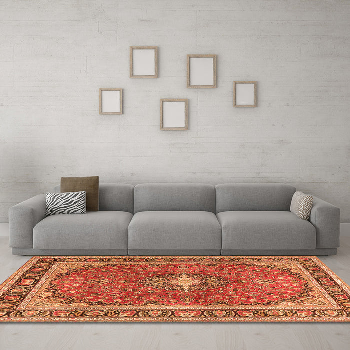 Machine Washable Medallion Orange Traditional Area Rugs in a Living Room, wshtr2488org