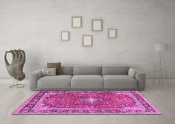 Machine Washable Medallion Pink Traditional Rug in a Living Room, wshtr2488pnk