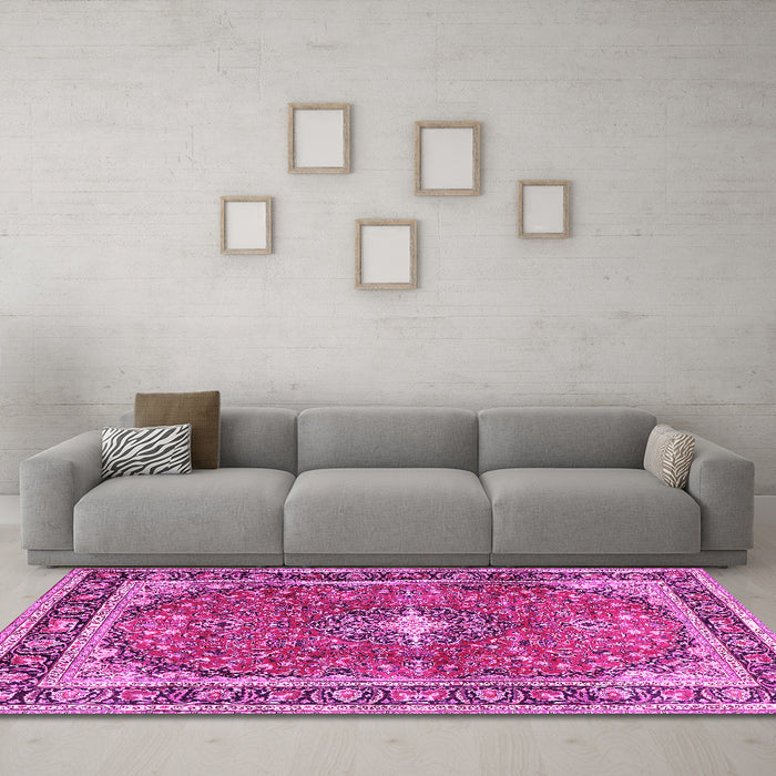 Machine Washable Medallion Pink Traditional Rug in a Living Room, wshtr2488pnk