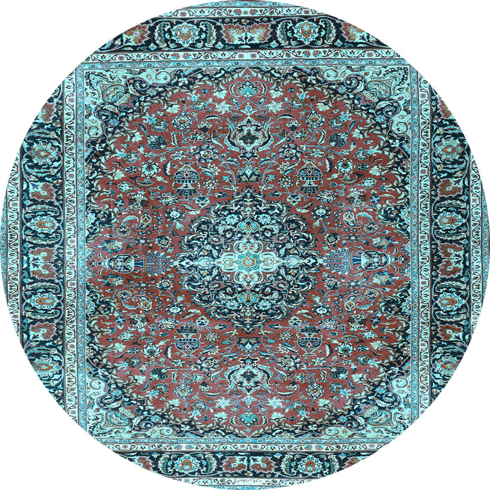 Round Machine Washable Medallion Light Blue Traditional Rug, wshtr2488lblu