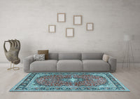 Machine Washable Medallion Light Blue Traditional Rug, wshtr2488lblu