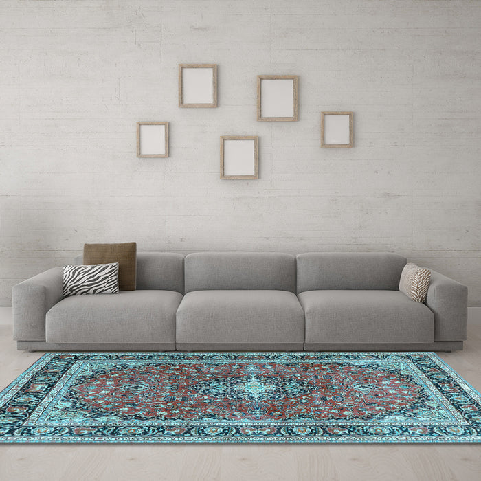 Machine Washable Medallion Light Blue Traditional Rug in a Living Room, wshtr2488lblu