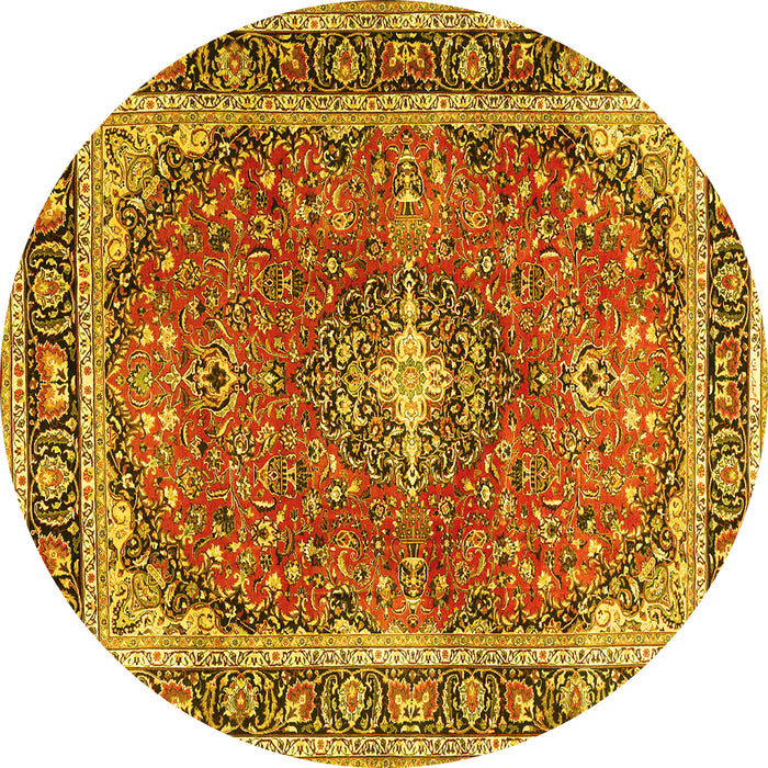 Round Machine Washable Medallion Yellow Traditional Rug, wshtr2488yw