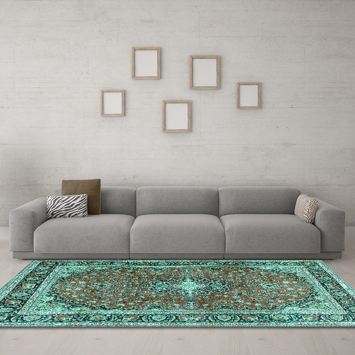 Machine Washable Medallion Turquoise Traditional Area Rugs in a Living Room,, wshtr2488turq
